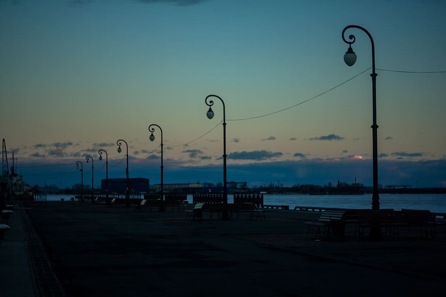 sky, street light, lighting equipment, sunset, nature, water HD wallpaper