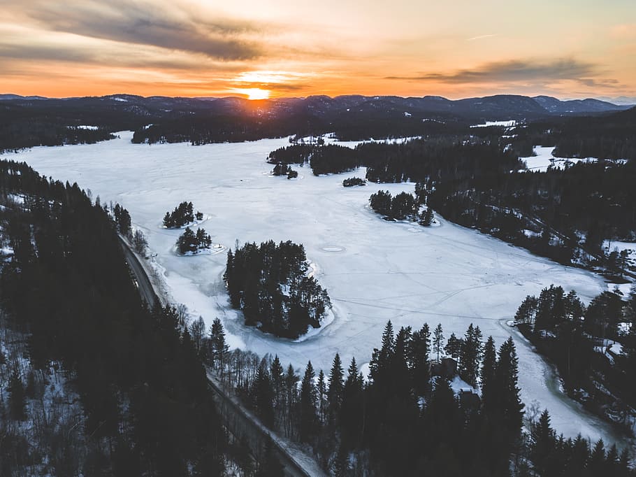 Snowfield Near Green Trees in Aerial Shot, clouds, daylight, drone footage HD wallpaper