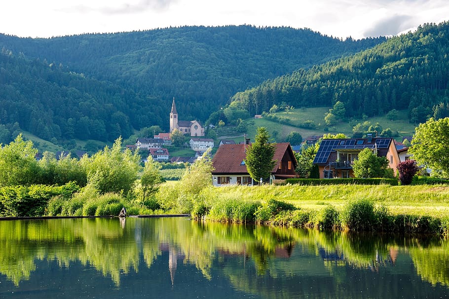 Brown Grey Wooden House Near Lake at Daytime, black forest, conifer HD wallpaper