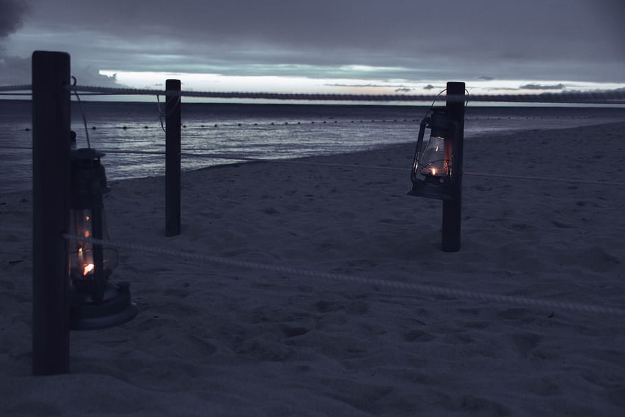 two lantern lamps on seashore, water, ocean, nature, outdoors HD wallpaper