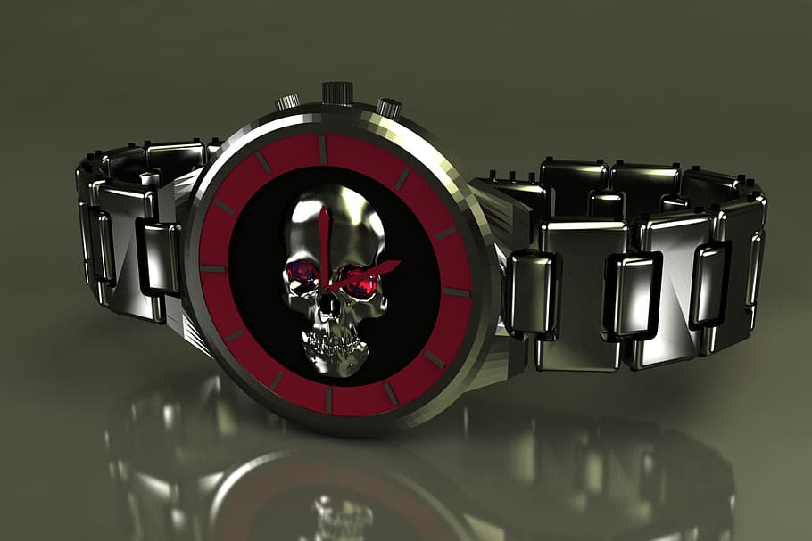 3d modeling, clock, chrome, close-up, indoors, reflection, red HD wallpaper