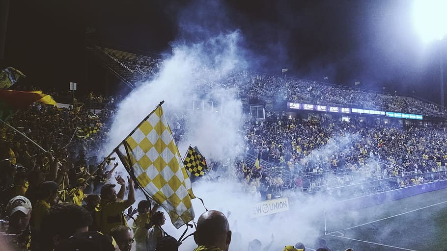 People in Stadium With Smoke at Night, cheerful, crowd, fans, HD wallpaper