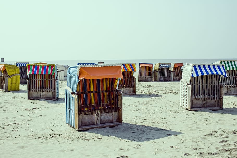 Russian Chairs on Shore, beach, sand, shacks, summer, land, nature HD wallpaper
