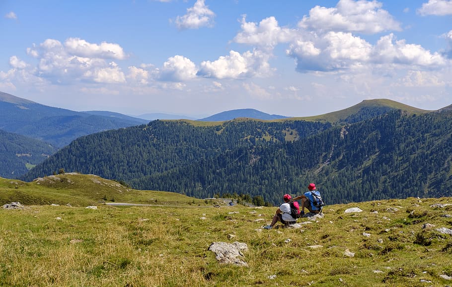 hiking, wanderer, rest, break, enjoy, meadow, hill, landscape HD wallpaper