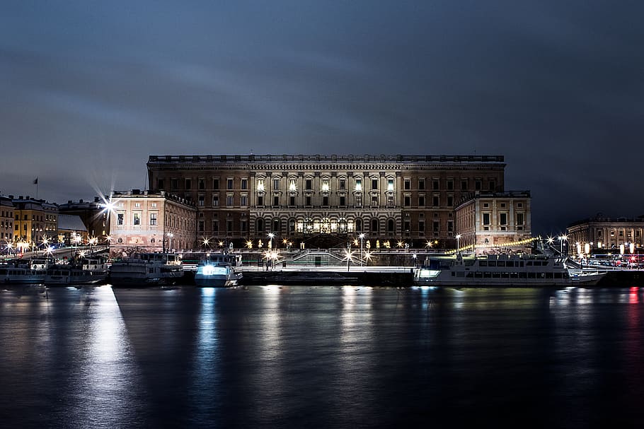 lighted building beside sea, water, stockholm, royal castle, sweden HD wallpaper