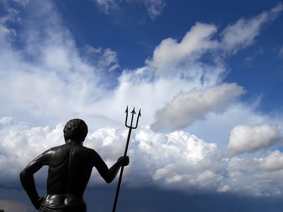 sculpture, statue, landmark, mythology, neptune, sky, sea, monument HD wallpaper
