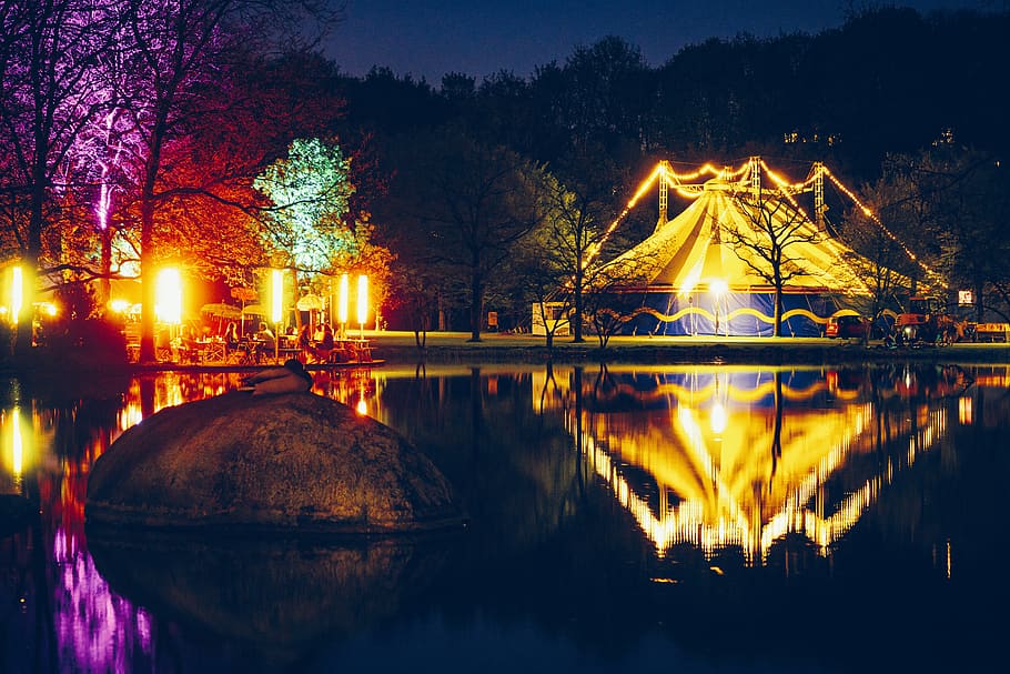 germany, munich, westpark, reflection, night, ligth, circus HD wallpaper