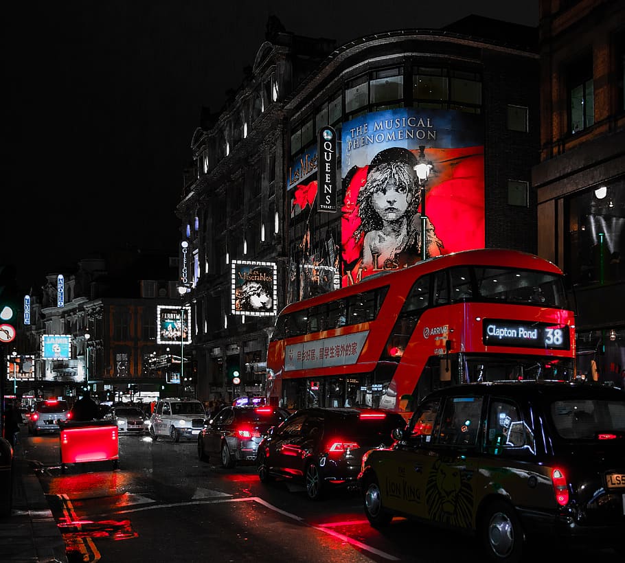 london, united kingdom, dean street, theater, uk, bus, les miserables, HD wallpaper