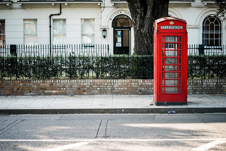 red telephone booth beside road, telephone box, street, building, HD wallpaper