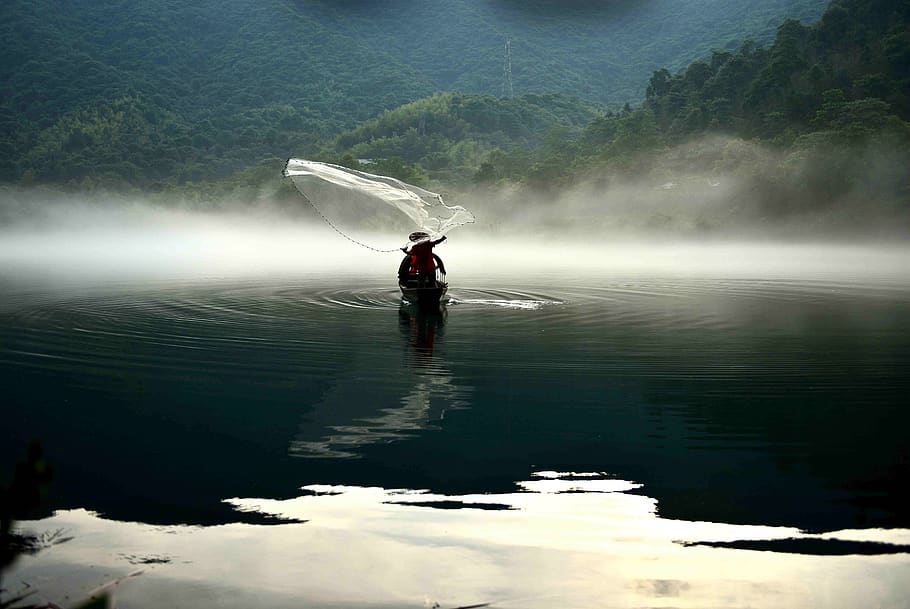 fisherman, lake, water, one person, beauty in nature, tranquility HD wallpaper