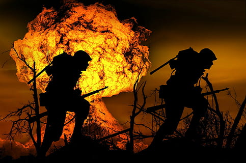 explosion, war, soldier, run, attack, silhouette, defense, hero HD wallpaper