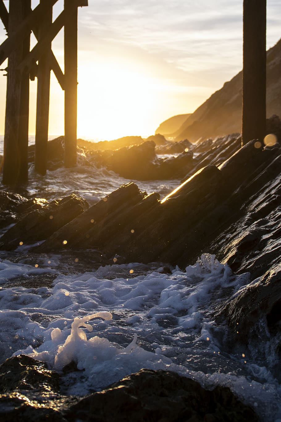 rocks on sea, wallpaper, pier, water, shore, beach, sunset, ocean HD wallpaper