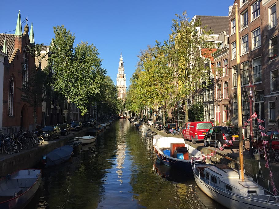 netherlands, amsterdam, canals, building exterior, mode of transportation HD wallpaper