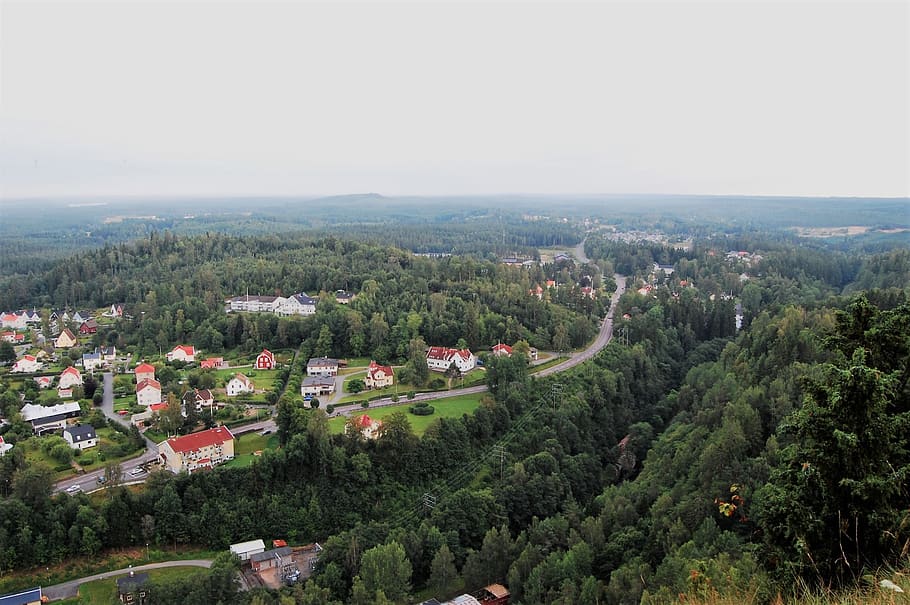 sweden, taberg, road, forest, house, houses, sky, horizon, city HD wallpaper