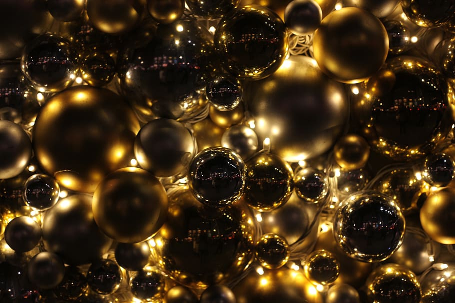 christmas, balls, gold, gloss, splendor, full frame, backgrounds HD wallpaper