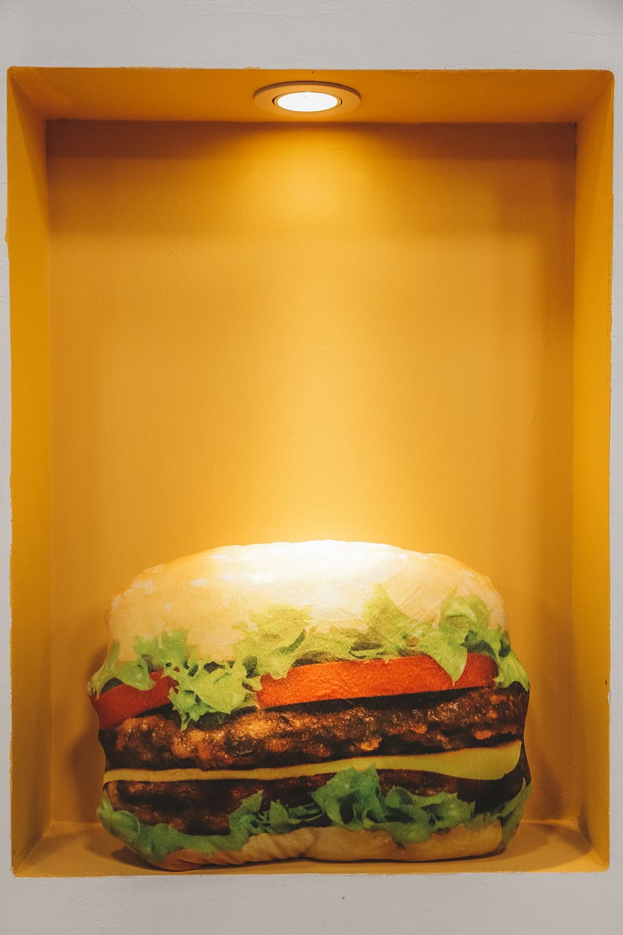 burger displayed on yellow container, sandwich, fast food, food and drink HD wallpaper