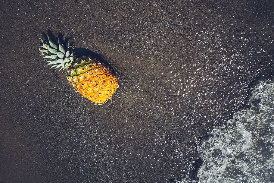 pineapple, water, shore, sand, beach, reflection, fruit, tropical fruit HD wallpaper