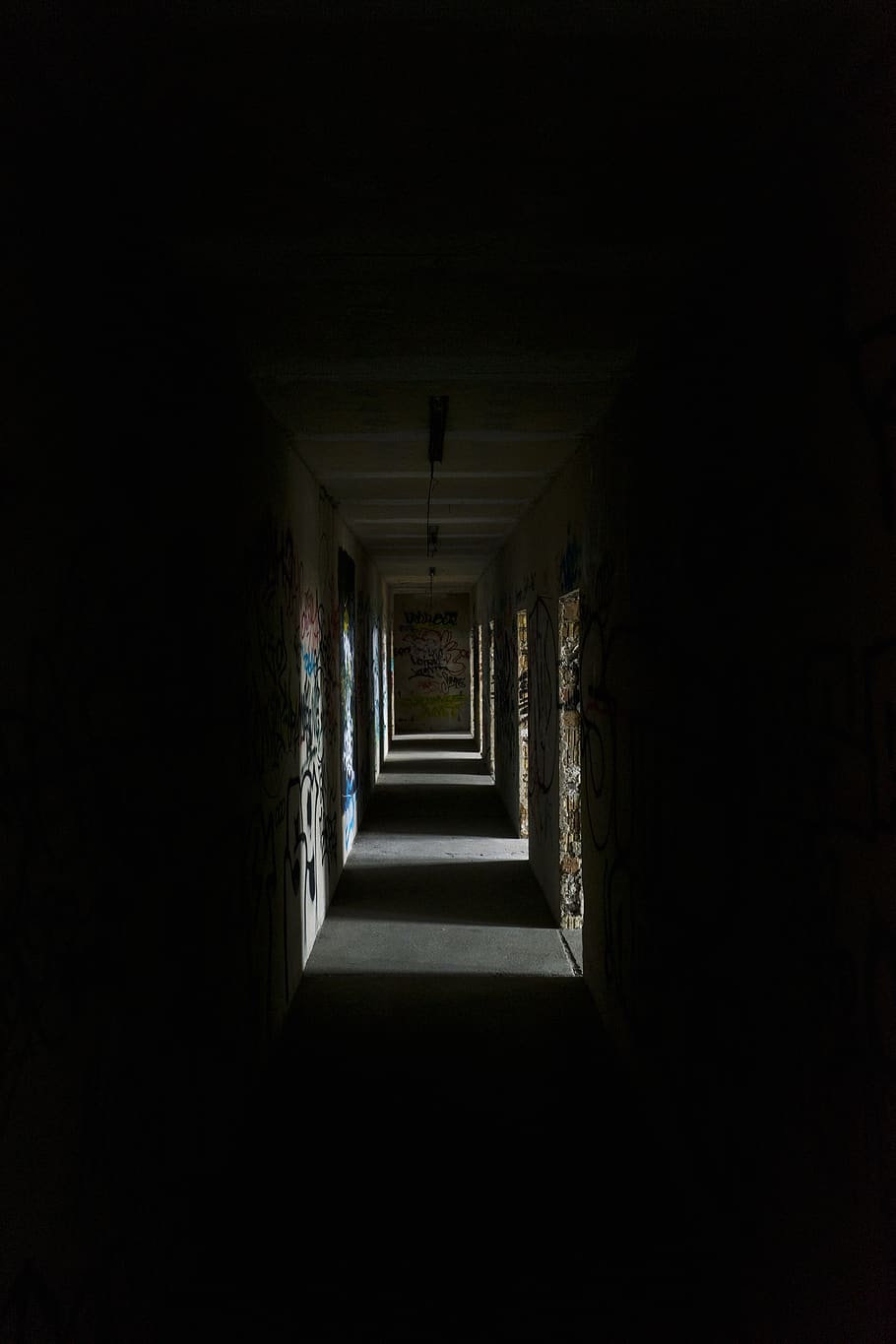 lost, lost place, abandoned, light, low light, dark, graffiti HD wallpaper