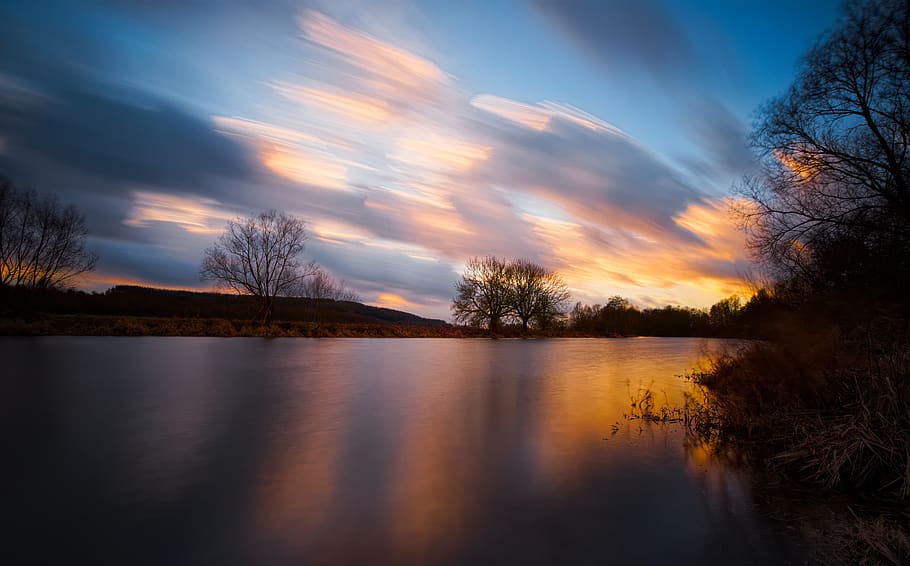 Body of Water Beside Trees, clouds, dawn, evening, landscape HD wallpaper