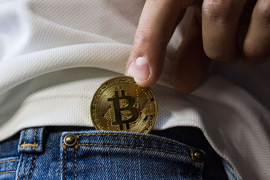 Gold Bitcoin, blockchain, close -up, crypto, cryptocurrency, denim