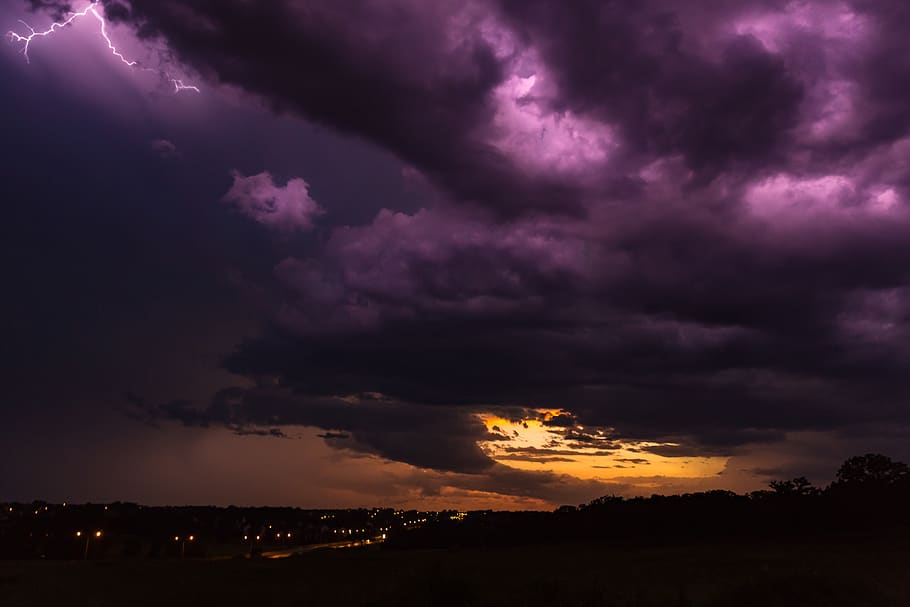 purple, clouds, storm, lightning, cloudy, sky, sunset, dusk HD wallpaper