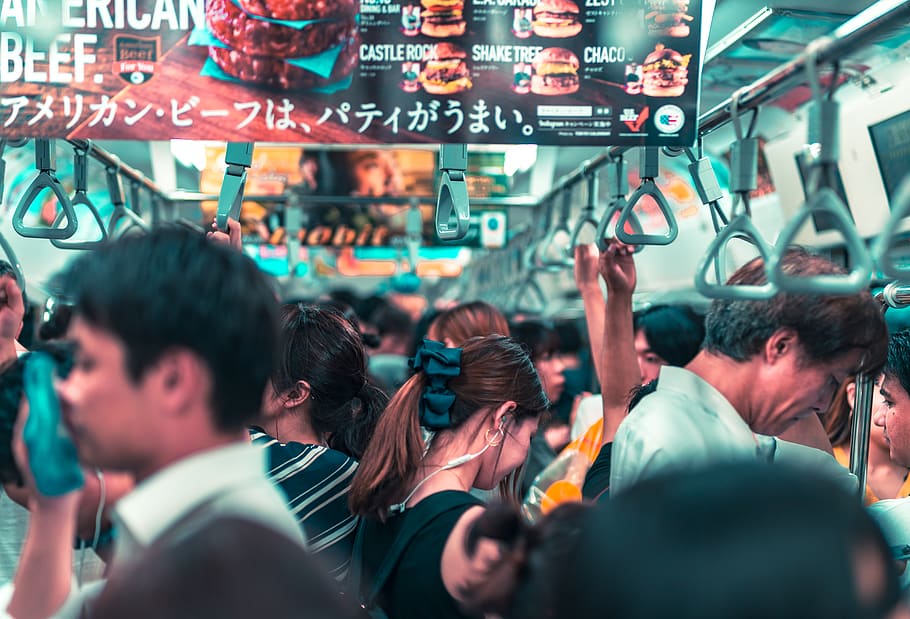 people riding train, human, person, tokyo, japan, crowd, kiss HD wallpaper