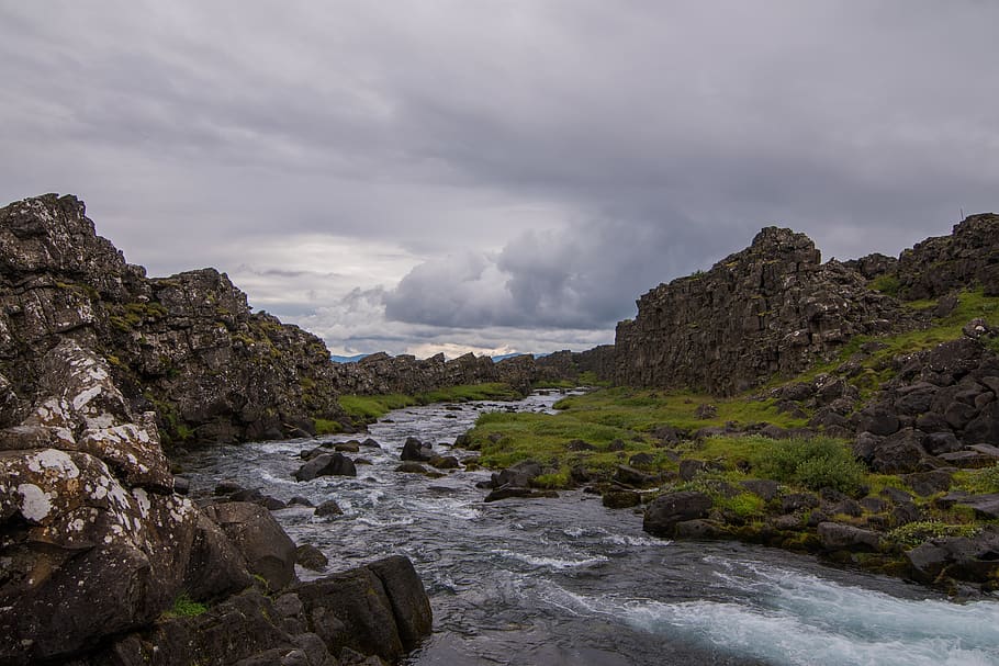river, water, flow, rocks, sky, iceland, landscape, cloud - sky HD wallpaper