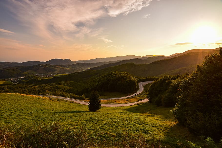 sunset, mountains, the sky, orange, trees, nature, twilight HD wallpaper