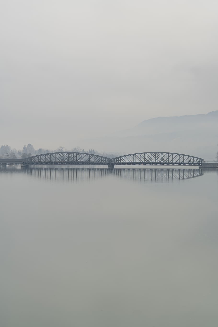 austria, ferlach, bridge, silence, river, water, train, fog HD wallpaper