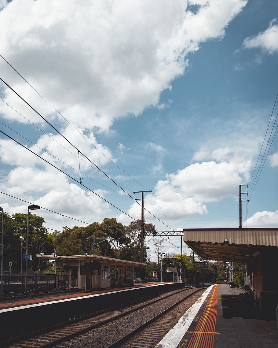 train station under cloudy sky, cloud - sky, track, rail transportation HD wallpaper