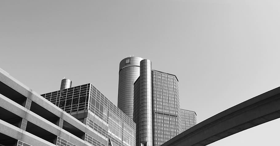 greyscale photography of high rise buildings and bridge, city HD wallpaper