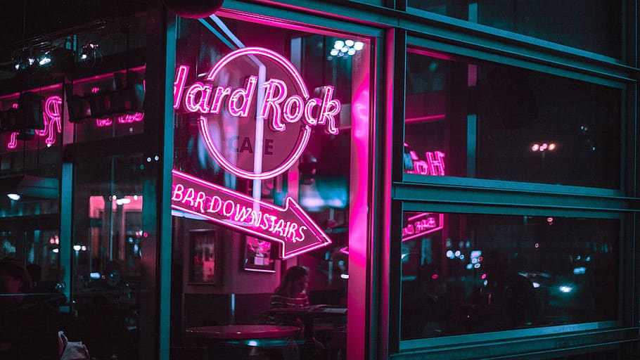 Hard Rock logo, illuminated, night, neon, window, city, architecture