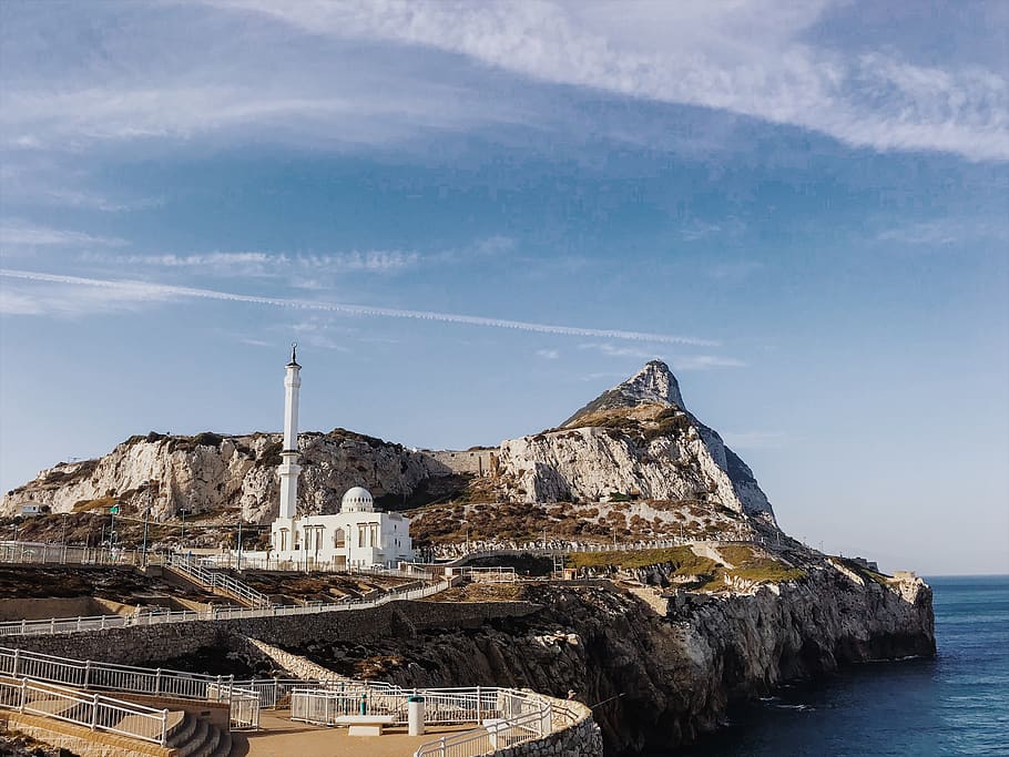 gibraltar, mosque, mountain, travel, sky, clouds, blue, england