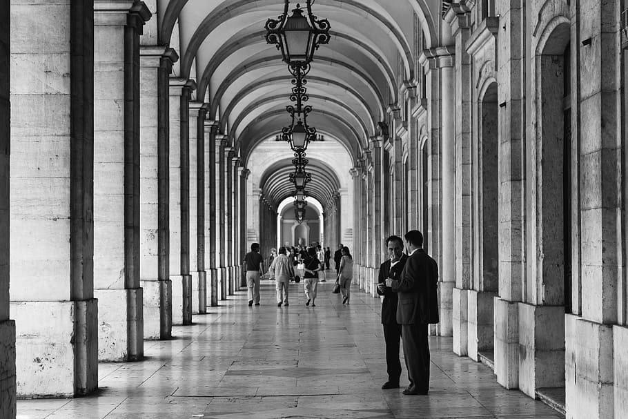 Two Persons Talking to Each Other on Hallway, aisle, arcade, arch HD wallpaper