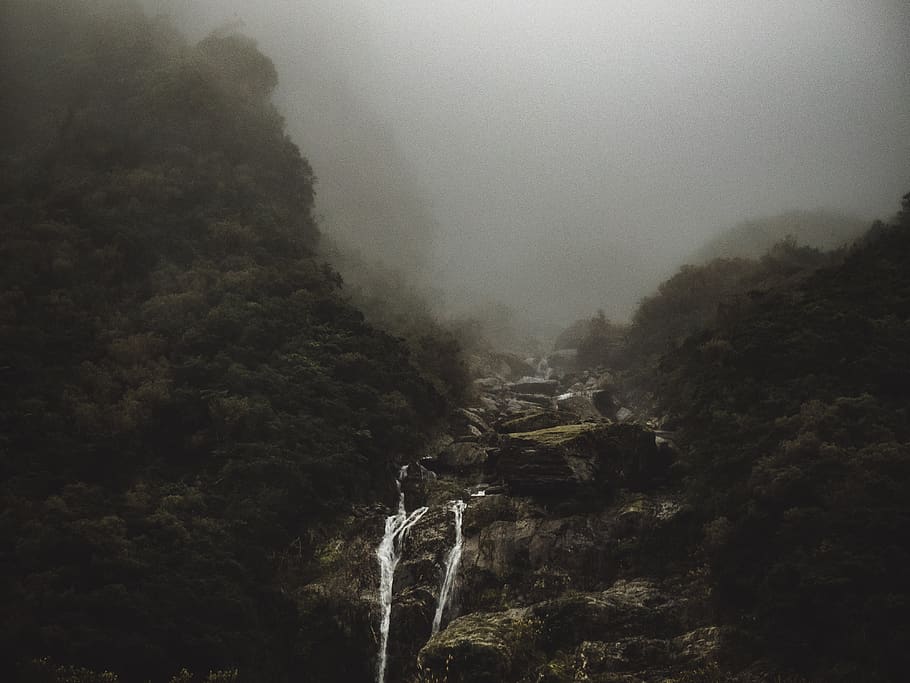 waterfalls, rocks, hill, mountain, highland, foggy, landscape HD wallpaper
