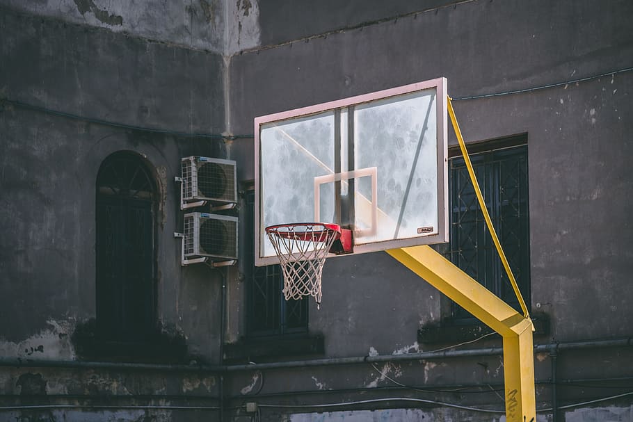 outdoor basketball hoop, court, yellow, red, street, sport, fun, HD wallpaper