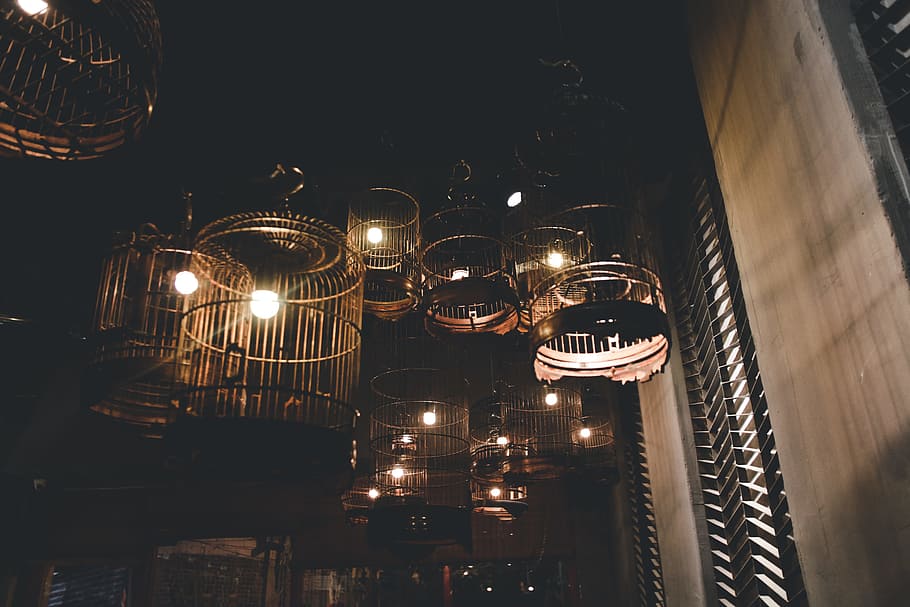 Black Birdcage Pendant Lamps, alone, architecture, art, building HD wallpaper