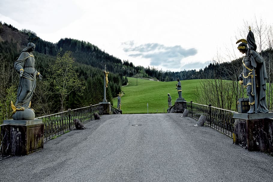 bridge, statue, history, austria, plant, sky, tree, transportation HD wallpaper