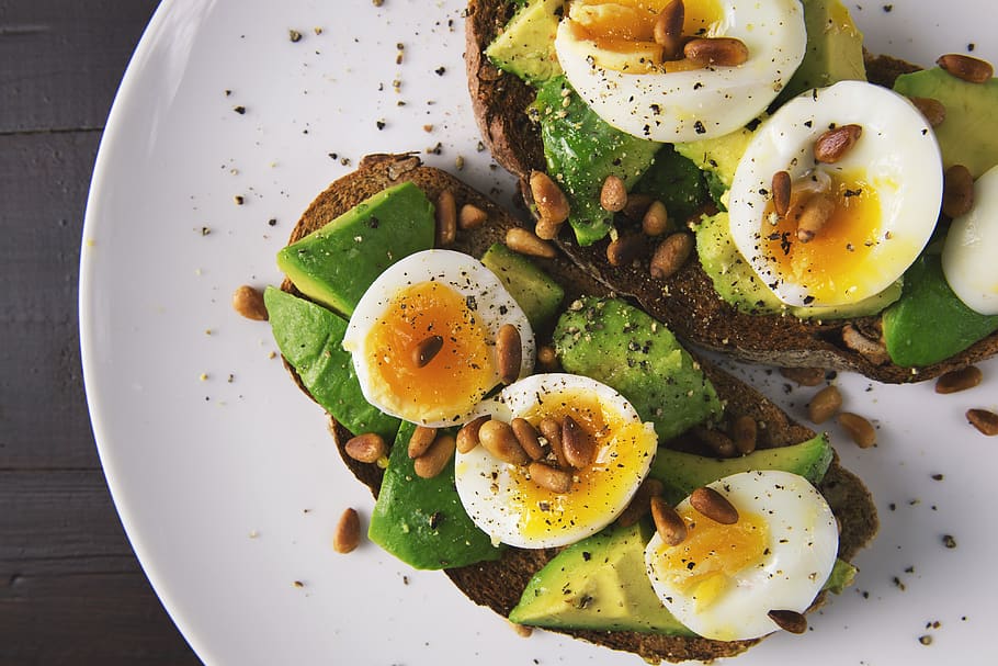 Pastry and Boiled Egg on Plate, appetizer, avocado, bread, close-up HD wallpaper