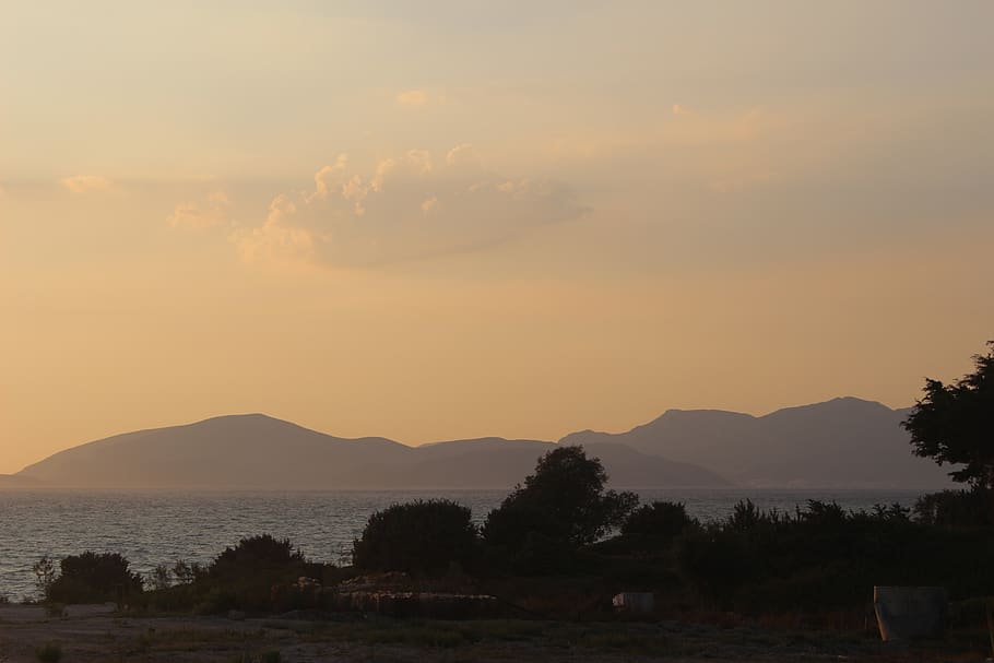 greece, sunset, skyline, landscape, mountain, mountain range HD wallpaper