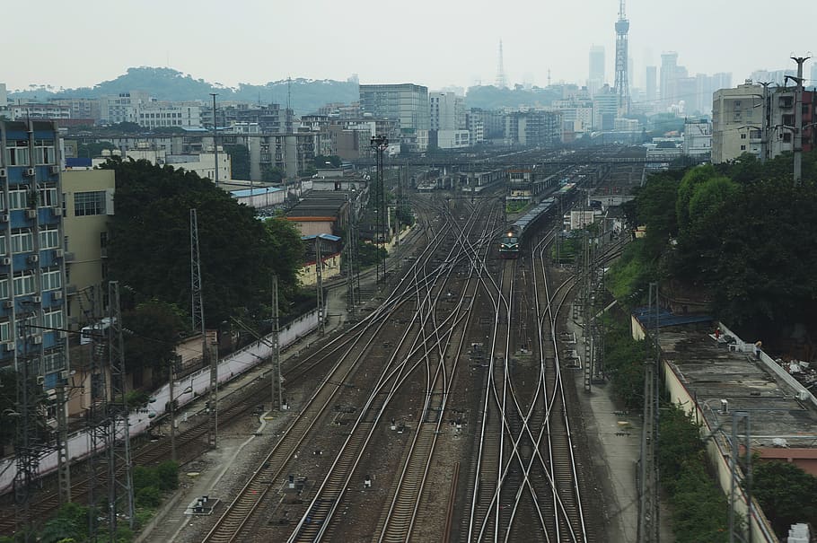 china, guangzhou, urban, urban sprawl, train, city life, train tracks, HD wallpaper