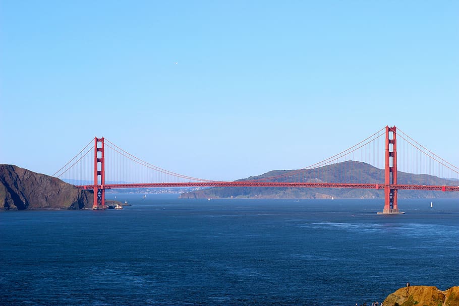 building, bridge, suspension bridge, ocean, water, sea, outdoors HD wallpaper