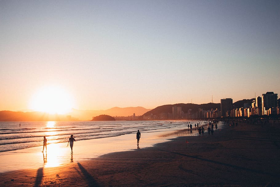 People Walking on Seashore during Golden Hour, backlit, beach HD wallpaper
