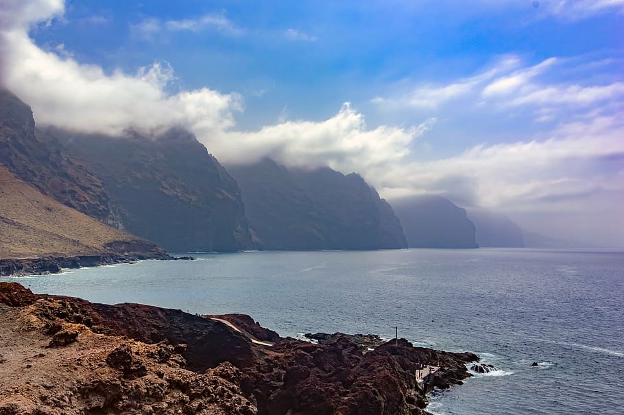 mountains, clouds, sea, ocean, landscape, sky, nature, beautiful HD wallpaper