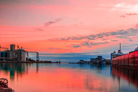 canada, goderich, salt, mine, boat, sunset, elevators, water HD wallpaper