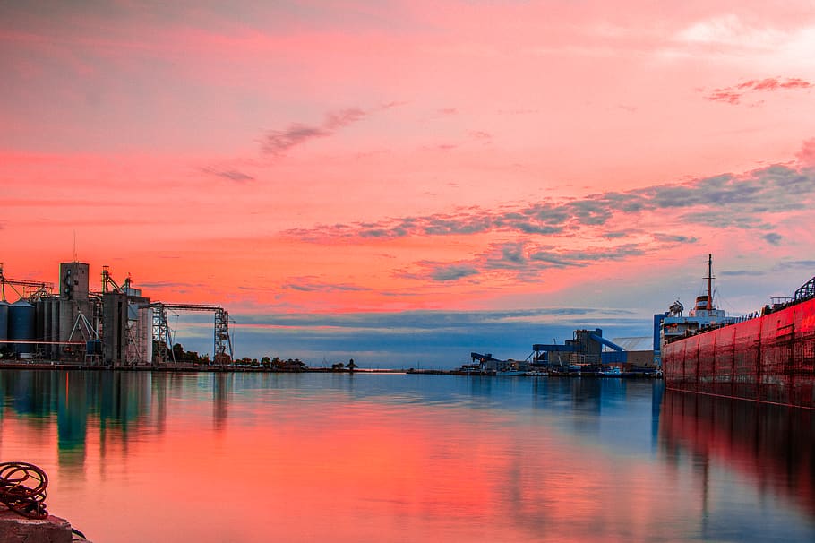 canada, goderich, salt, mine, boat, sunset, elevators, water HD wallpaper