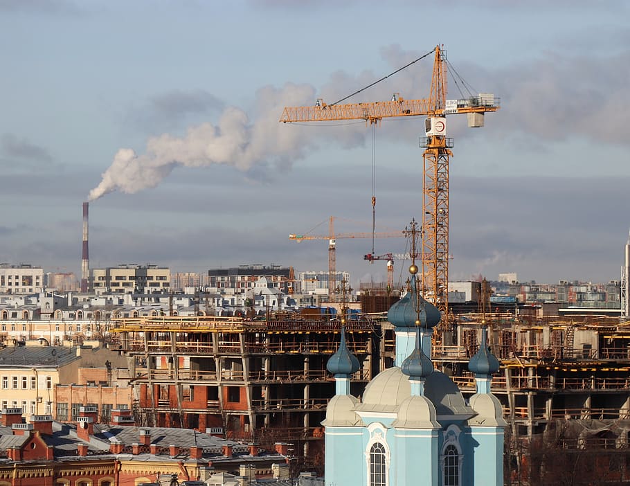 city, construction, crane, building, the property, house, sky HD wallpaper