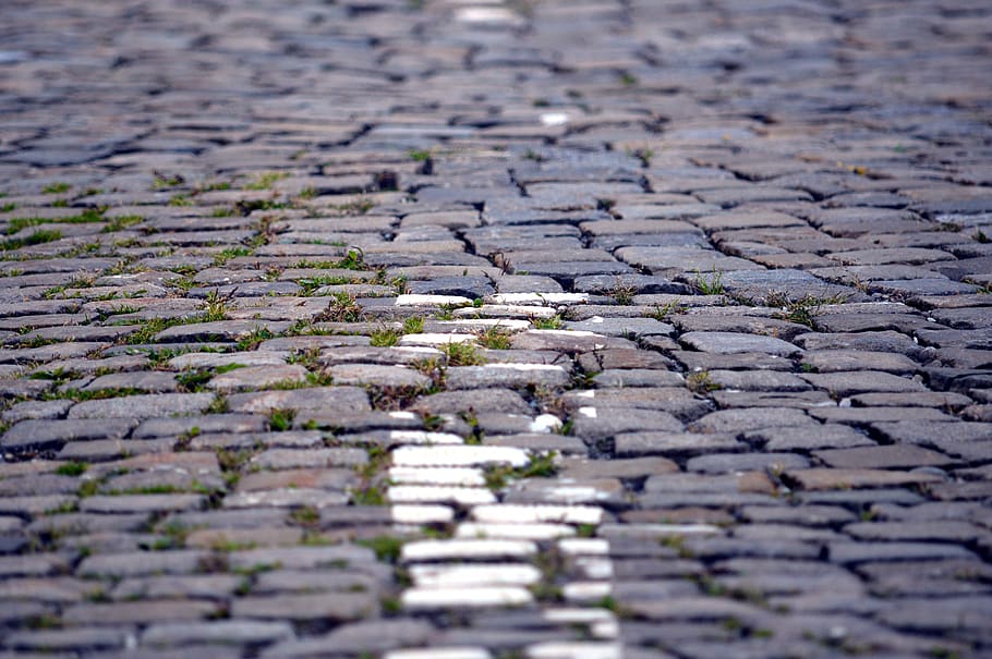 paving stones, grass, road, mark, nature, road marking, flooring, HD wallpaper