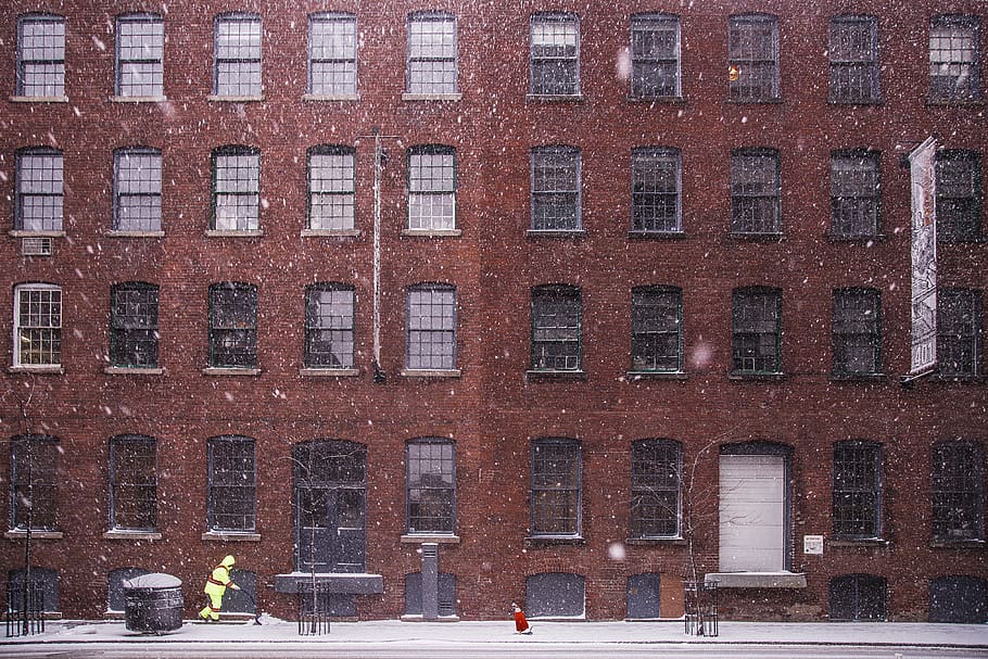 Snow Covered Road in Front of Red Tenement Building, apartments HD wallpaper