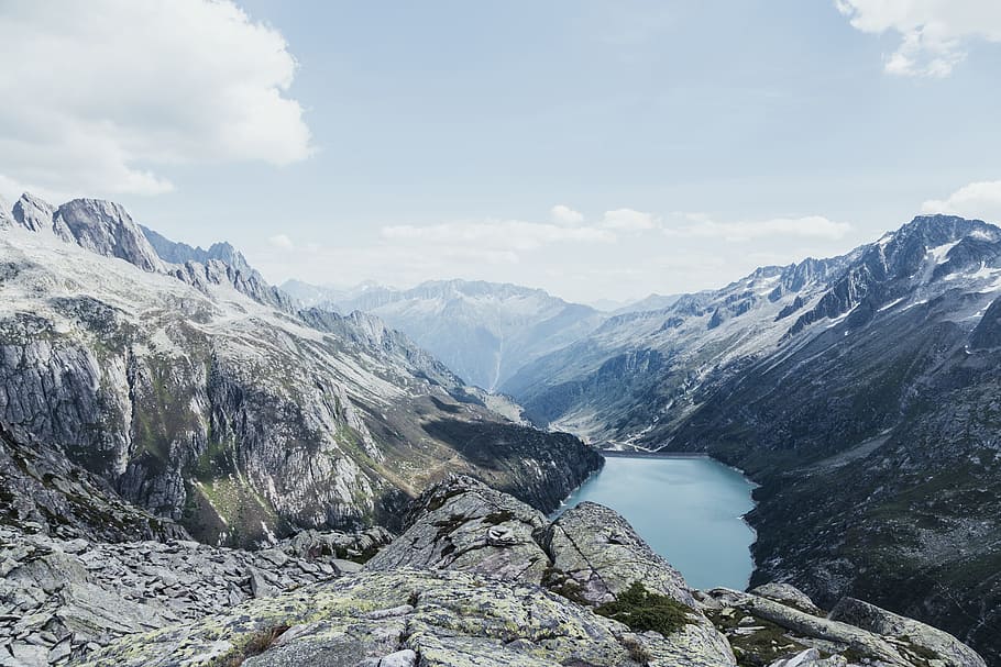 body of water between snow covered mountains, lake, sky, cloud HD wallpaper